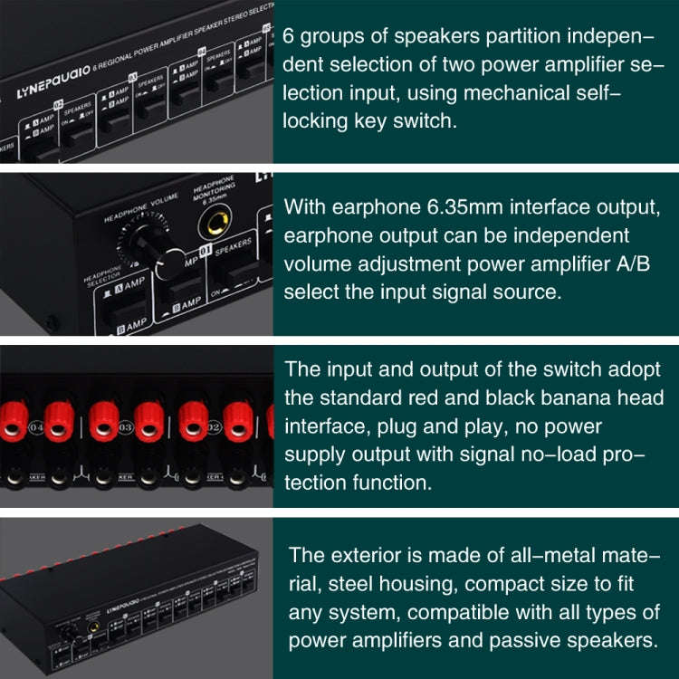 B06 82 In 6 Out Power Amplifier Speaker Selector 6 Region Stereo Speaker Switcher