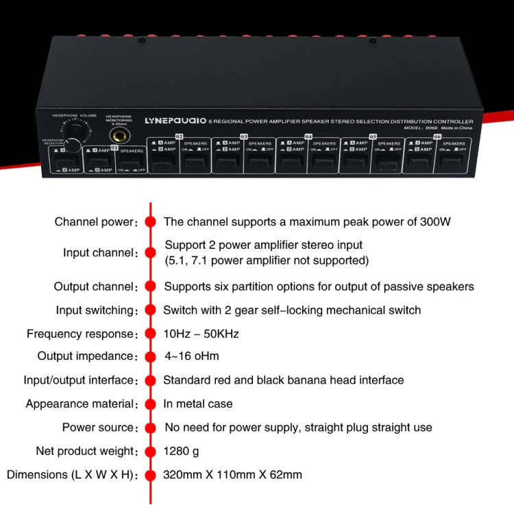 B06 82 In 6 Out Power Amplifier Speaker Selector 6 Region Stereo Speaker Switcher
