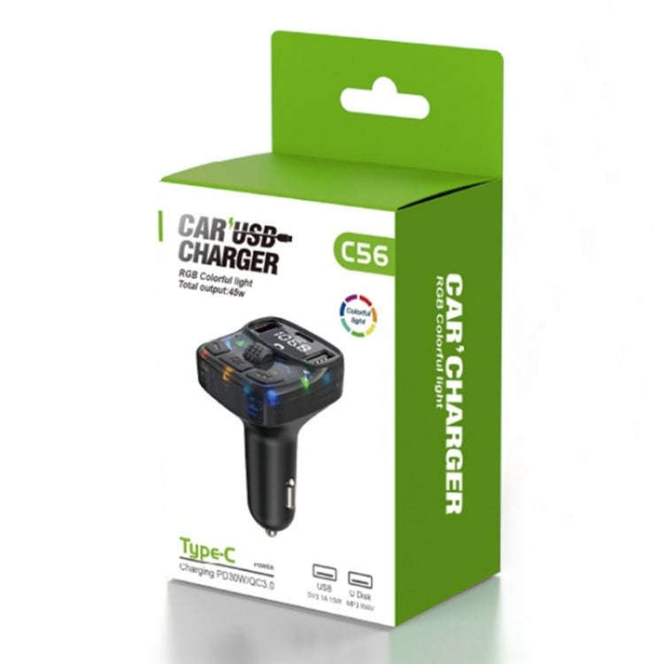 C56 PD Type-C + Dual USB Car Charger Colorful Light Car Bluetooth Adapter FM Transmitter