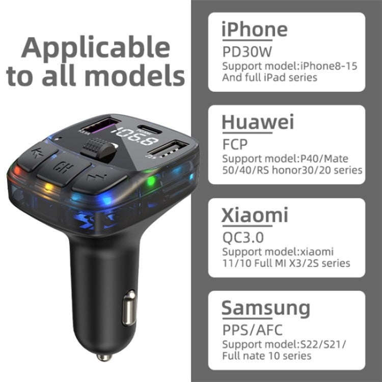 C57 PD Type-C + Dual USB Car Charger Colorful Light Car Bluetooth Adapter FM Transmitter