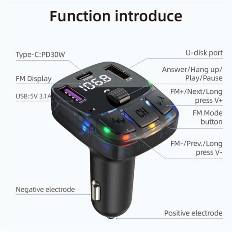 C57 PD Type-C + Dual USB Car Charger Colorful Light Car Bluetooth Adapter FM Transmitter