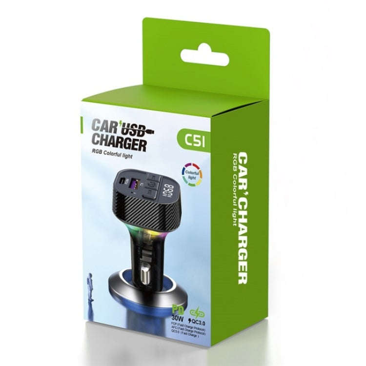 C51  Type-C + USB Car Charger Colorful Light Car Bluetooth Adapter FM Transmitter MP3 Player