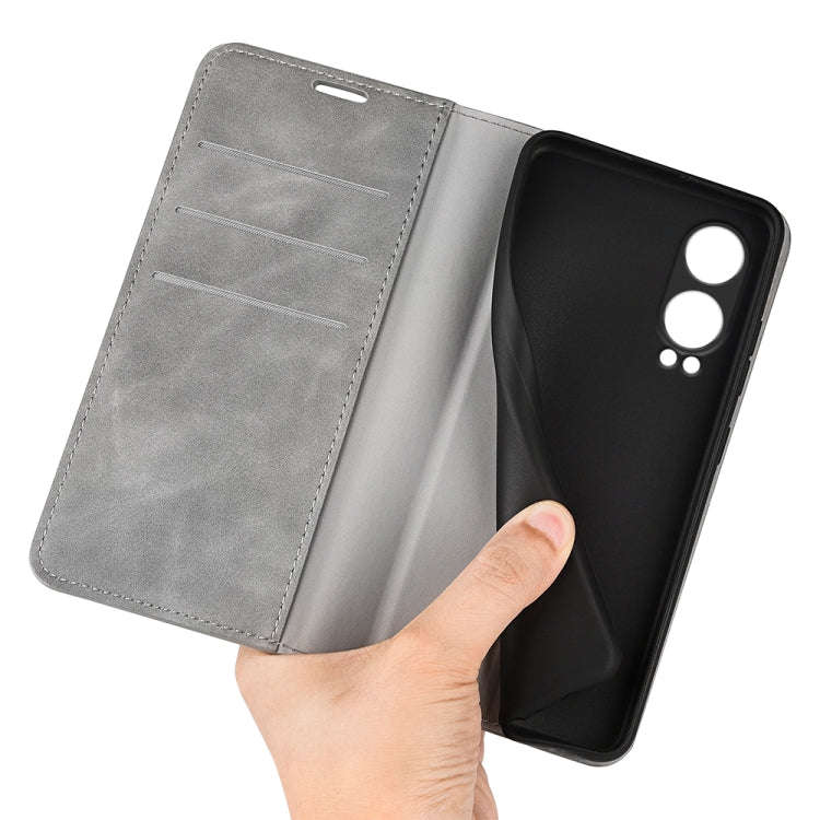 For OnePlus Nord CE4 Lite 5G Retro-skin Magnetic Suction Leather Phone Case(Grey)