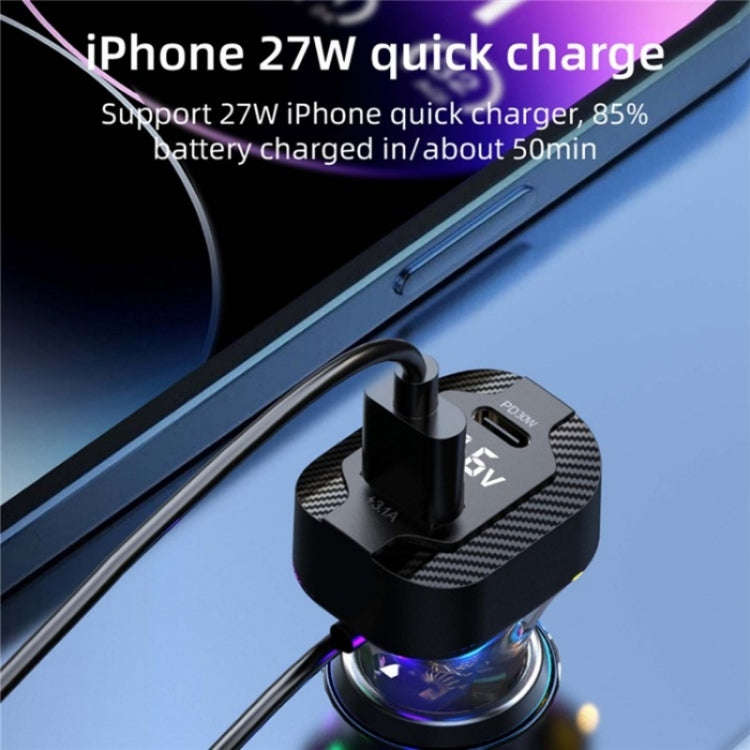 YQ7 Voltage Display PD 30W Fast Charging 2 x Type-C + 3 x USB Car Charger with 1.5m Extension Cable
