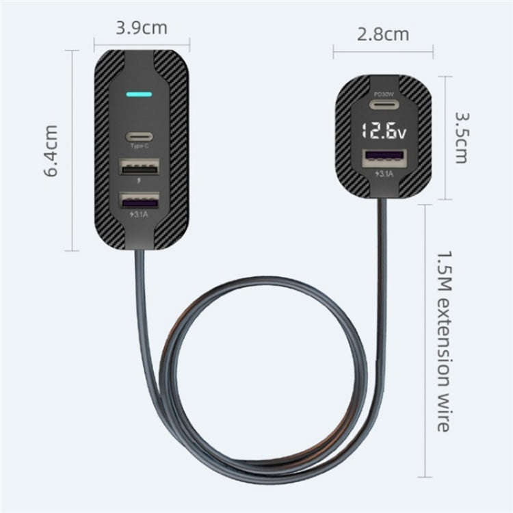YQ7 Voltage Display PD 30W Fast Charging 2 x Type-C + 3 x USB Car Charger with 1.5m Extension Cable