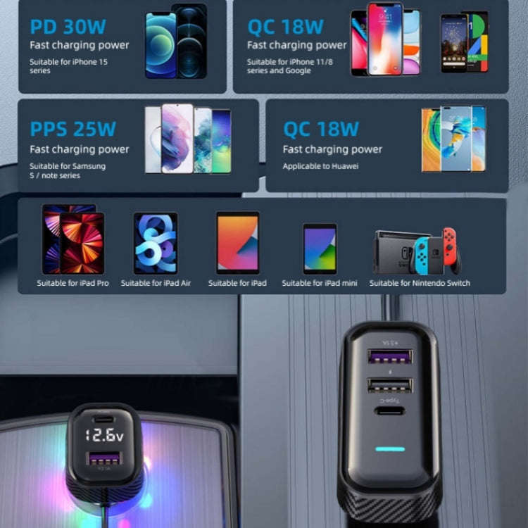 YQ7 Voltage Display PD 30W Fast Charging 2 x Type-C + 3 x USB Car Charger with 1.5m Extension Cable