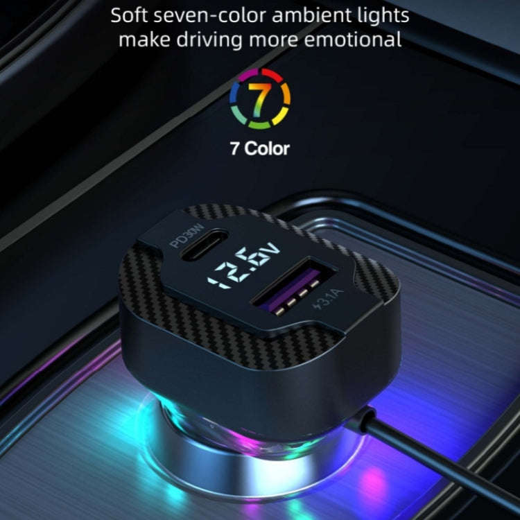 YQ7 Voltage Display PD 30W Fast Charging 2 x Type-C + 3 x USB Car Charger with 1.5m Extension Cable