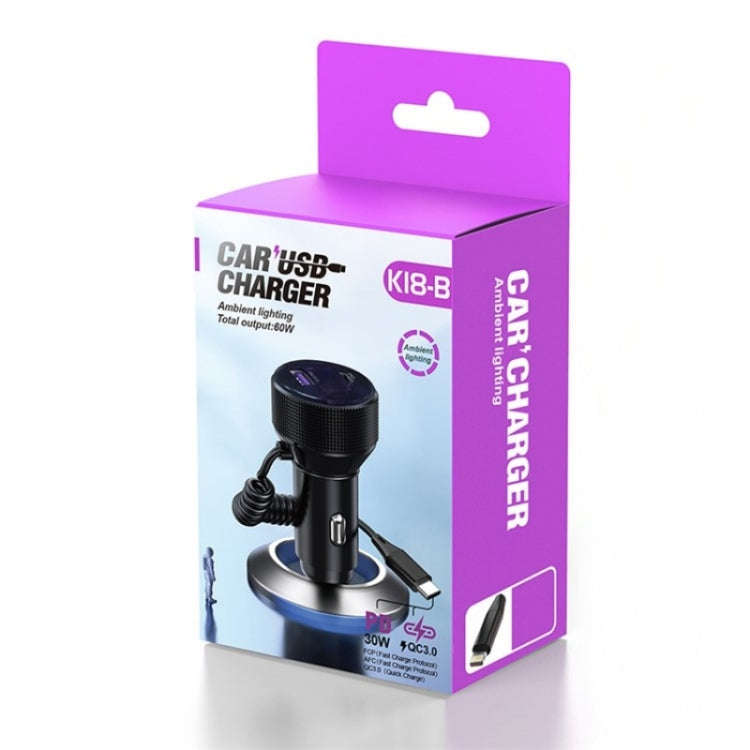K18B 12-24V Car Charger USB+Type-C Dual Port Charging Adapter with PD 30W Type-C Spring Cable