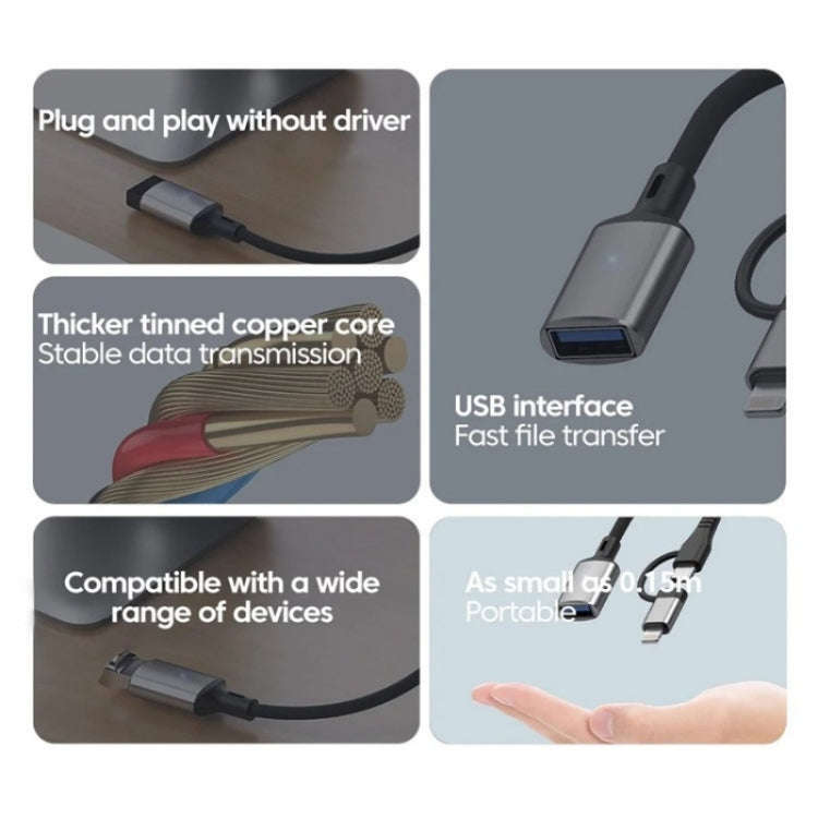 JS-112 2 in 1 USB Male to USB-C / Type-C / 8 Pin OTG Adapter Cable, Length: 15cm(Black)