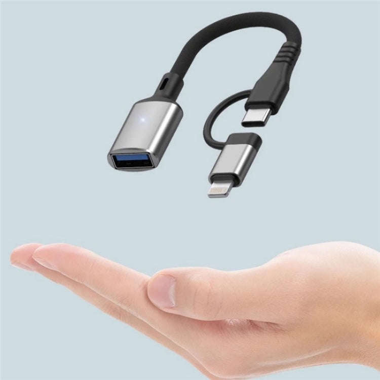 JS-112 2 in 1 USB Male to USB-C / Type-C / 8 Pin OTG Adapter Cable, Length: 15cm(Black)