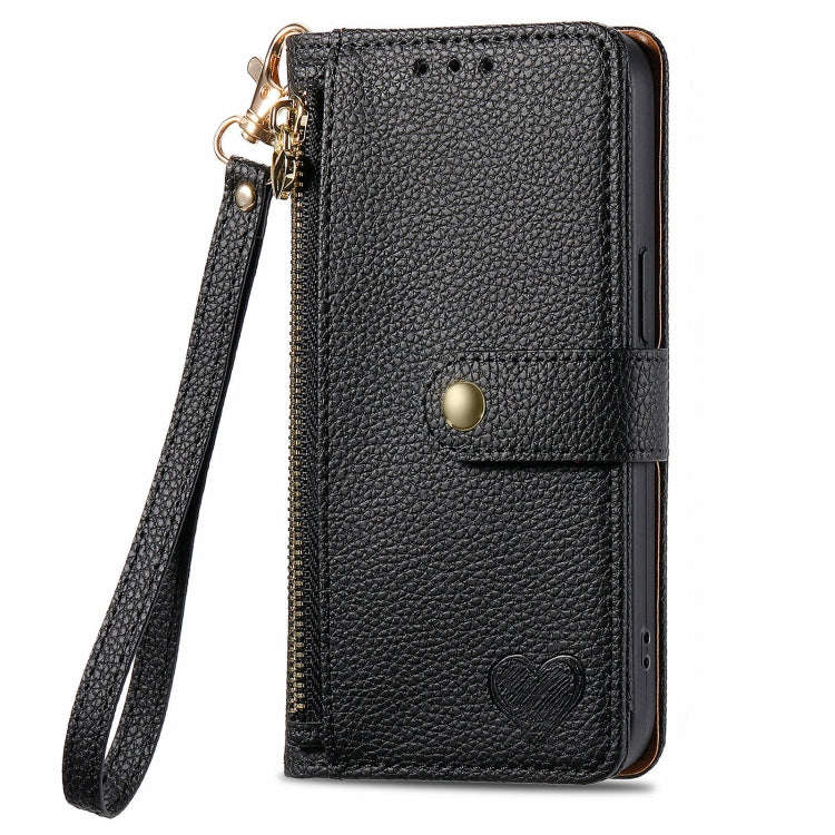 For Motorola Moto G Play 2024 Love Zipper Lanyard Leather Phone Case(Black)