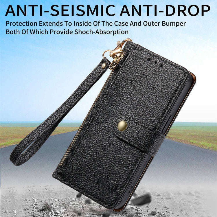 For Motorola Moto G Play 2024 Love Zipper Lanyard Leather Phone Case(Black)