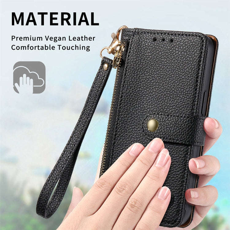 For Motorola Moto G Play 2024 Love Zipper Lanyard Leather Phone Case(Black)