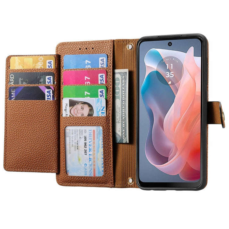 For Motorola Moto G Play 2024 Love Zipper Lanyard Leather Phone Case(Brown)