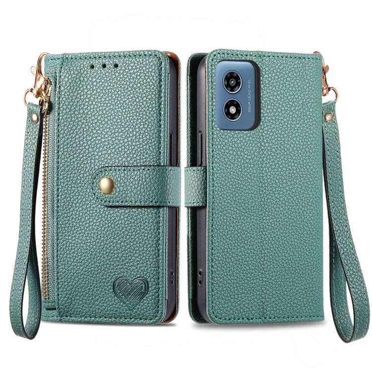 For Motorola Moto G Play 2024 Love Zipper Lanyard Leather Phone Case(Green)