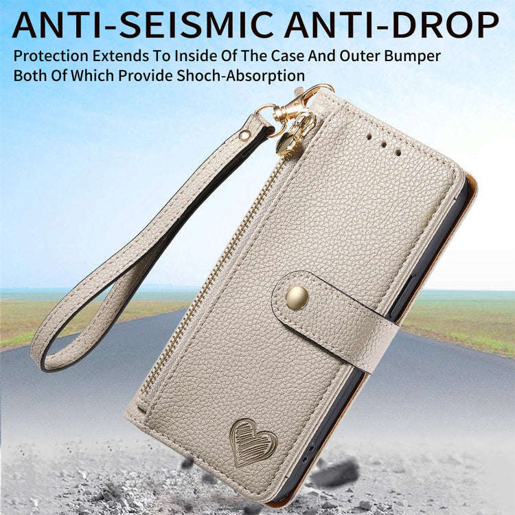 For Motorola Moto G Play 2024 Love Zipper Lanyard Leather Phone Case(Gray)