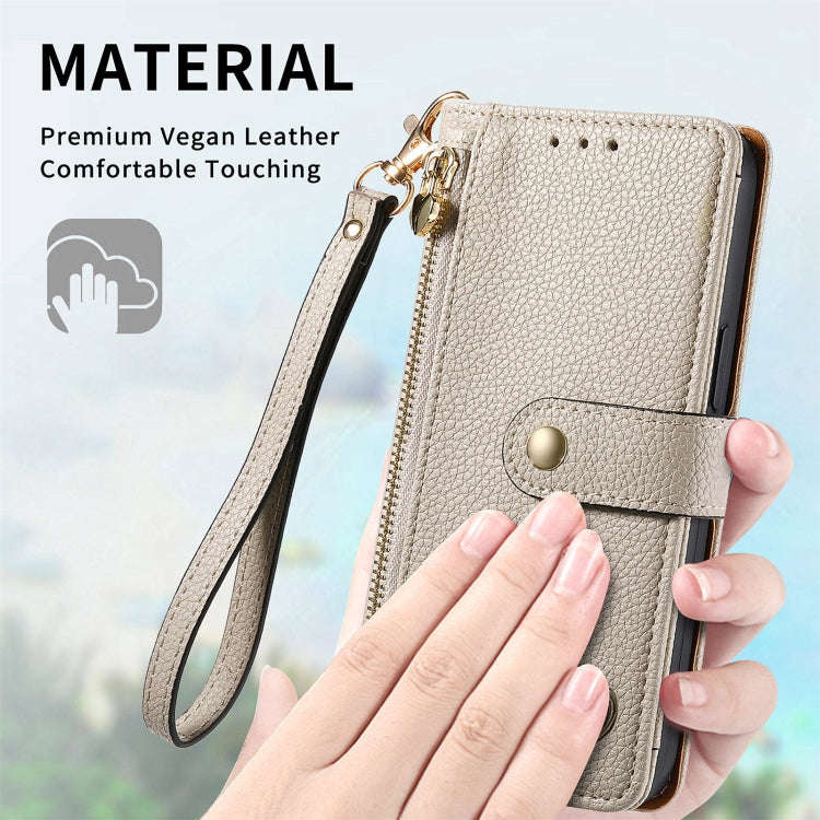 For Motorola Moto G Play 2024 Love Zipper Lanyard Leather Phone Case(Gray)