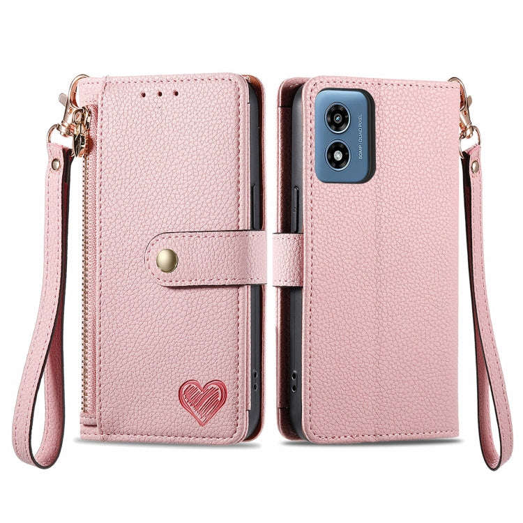 For Motorola Moto G Play 2024 Love Zipper Lanyard Leather Phone Case(Pink)