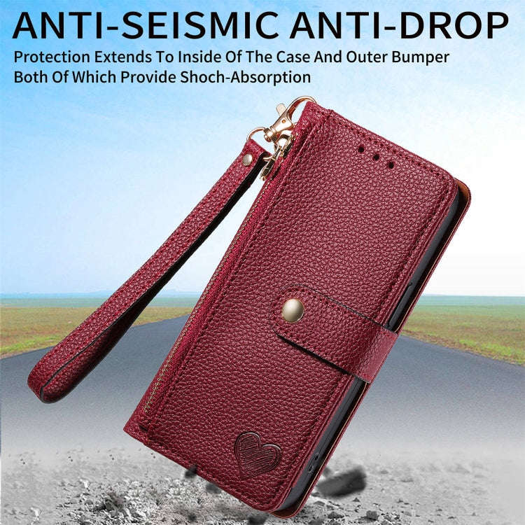 For Motorola Moto G Play 2024 Love Zipper Lanyard Leather Phone Case(Red)