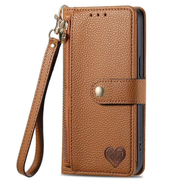 For Motorola Moto G Power 5G 2024 Love Zipper Lanyard Leather Phone Case(Brown)