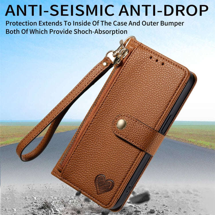 For Motorola Moto G Power 5G 2024 Love Zipper Lanyard Leather Phone Case(Brown)