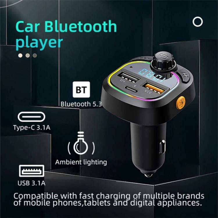 C6 Type-C+2 USB Fast Charger Audio MP3 Player Digital Display FM Car Bluetooth Transmitter