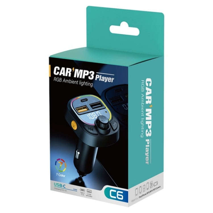 C6 Type-C+2 USB Fast Charger Audio MP3 Player Digital Display FM Car Bluetooth Transmitter