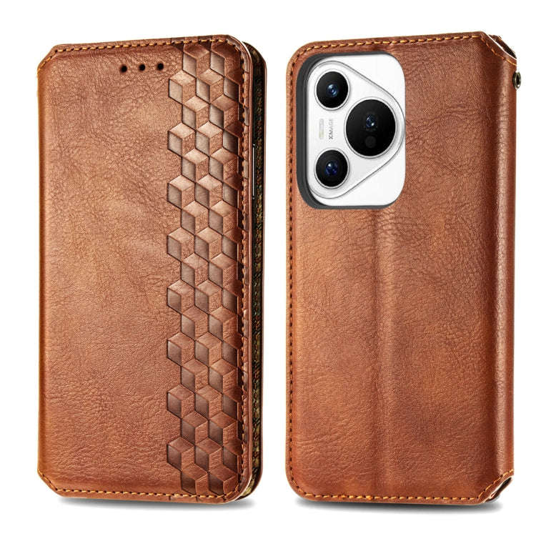 For Huawei Pura 70 Pro Cubic Grid Pressed Magnetic Leather Phone Case(Brown)