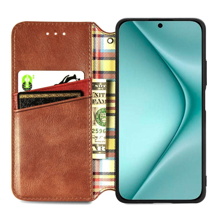 For Huawei Pura 70 Pro Cubic Grid Pressed Magnetic Leather Phone Case(Brown)