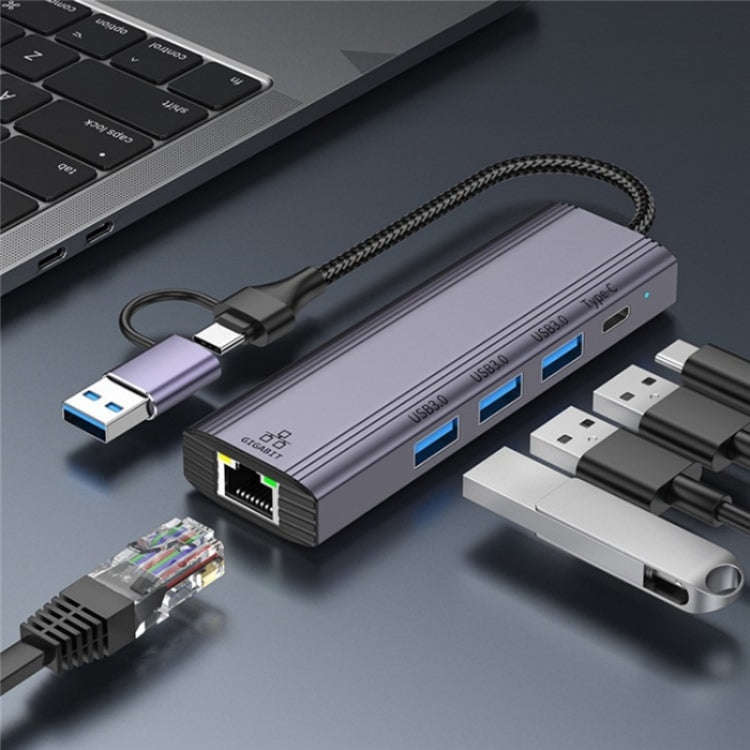 T513 USB-A / Type-C to USB3.0 x 3 + USB-C + Gigabit Laptop Adapter Docking Station