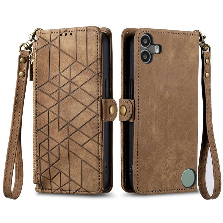 For Nothing CMF Phone 1 Geometric Zipper Wallet Side Buckle Leather Phone Case(Brown)