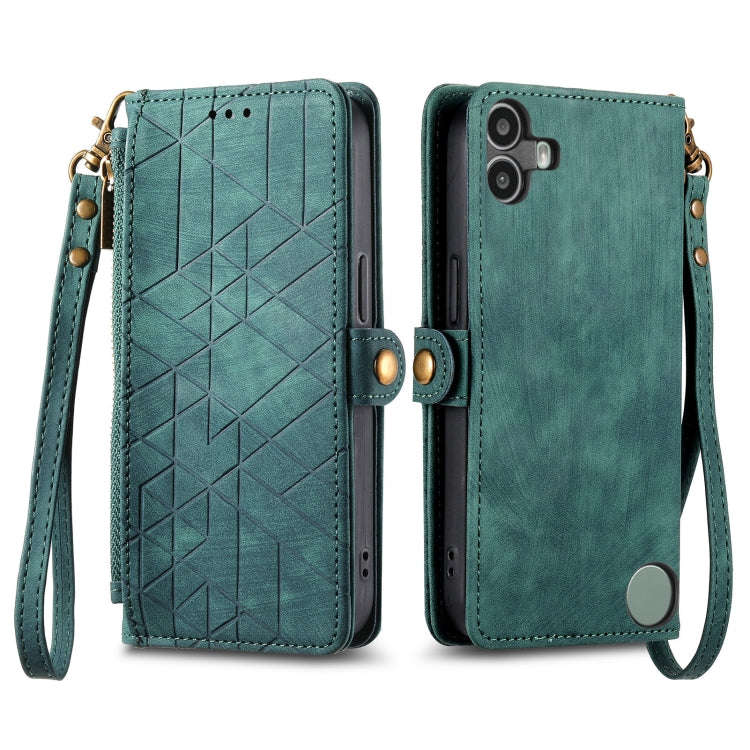 For Nothing CMF Phone 1 Geometric Zipper Wallet Side Buckle Leather Phone Case(Green)