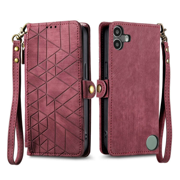 For Nothing CMF Phone 1 Geometric Zipper Wallet Side Buckle Leather Phone Case(Red)