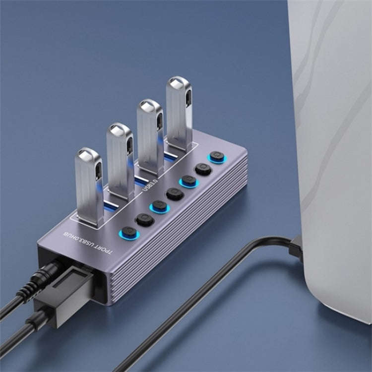 U307 Aluminum Alloy 7-Ports Splitter 5Gbps High Speed USB 3.0 Hub with Independent Switch