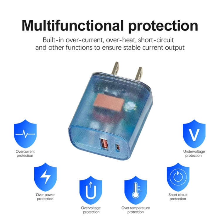 Transparent PD3.0 Type-C + QC3.0 USB Mobile Phone Charger, US Plug(Transparent)