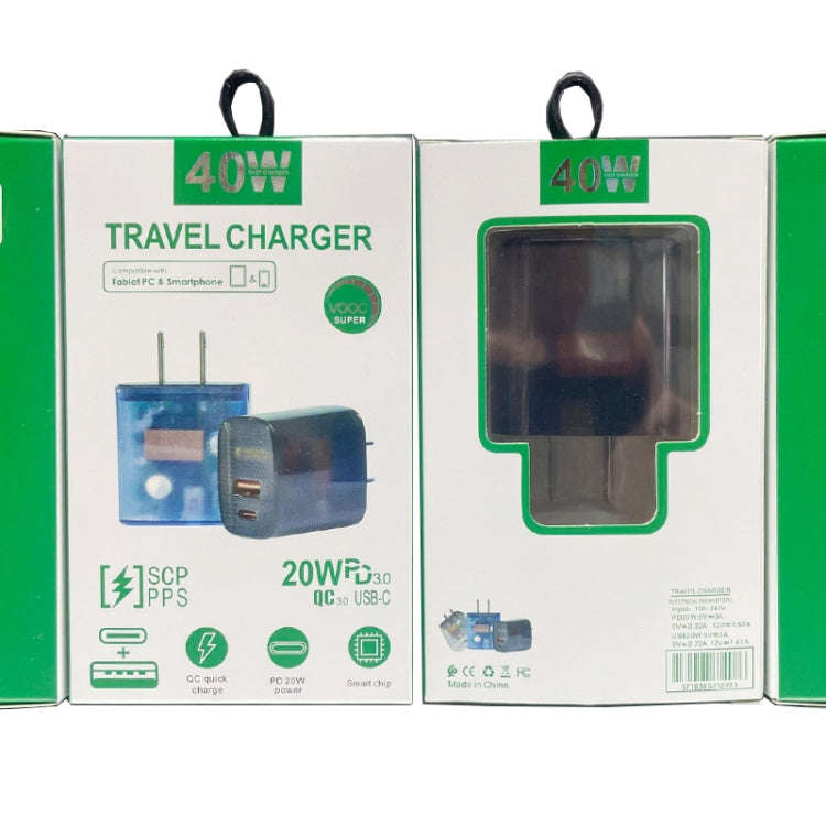 Transparent PD3.0 Type-C + QC3.0 USB Mobile Phone Charger, US Plug(Transparent)