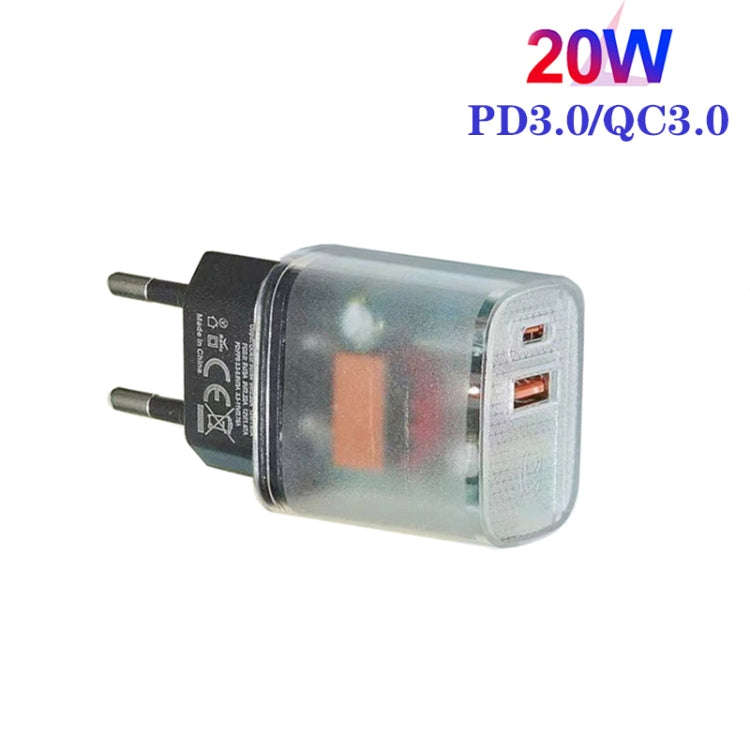 Transparent PD3.0 Type-C + QC3.0 USB Mobile Phone Charger, EU Plug(Transparent)