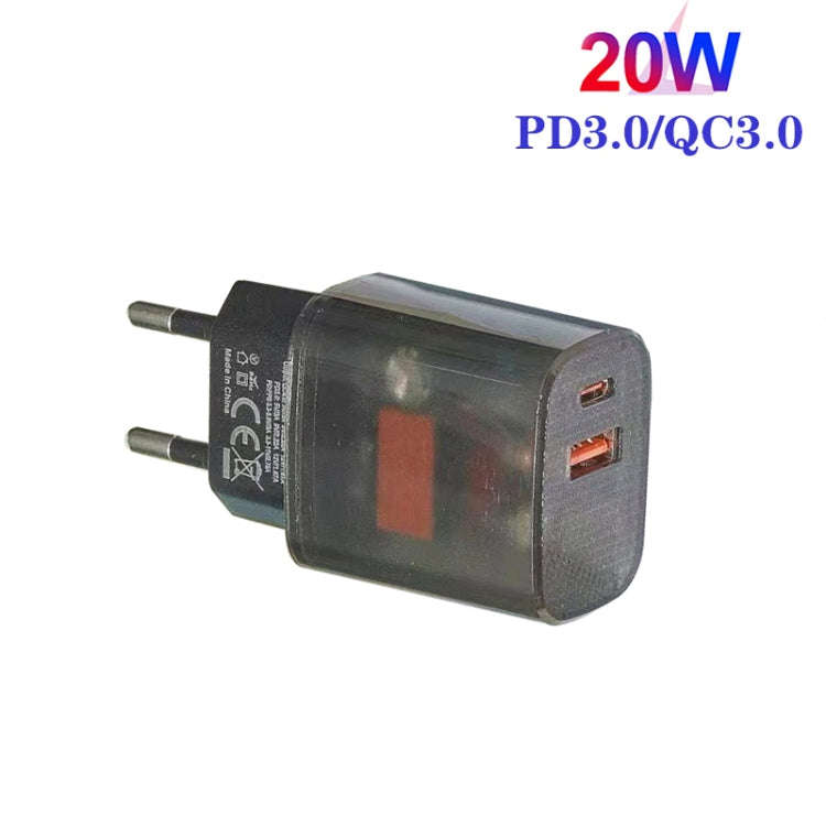 Transparent PD3.0 Type-C + QC3.0 USB Mobile Phone Charger, EU Plug(Transparent Gray)