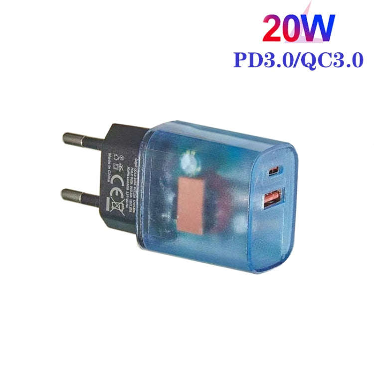Transparent PD3.0 Type-C + QC3.0 USB Mobile Phone Charger, EU Plug(Transparent Blue)