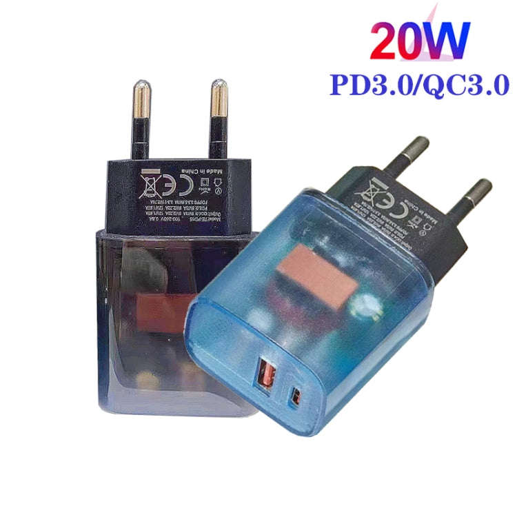 Transparent PD3.0 Type-C + QC3.0 USB Mobile Phone Charger, EU Plug(Transparent Gray)