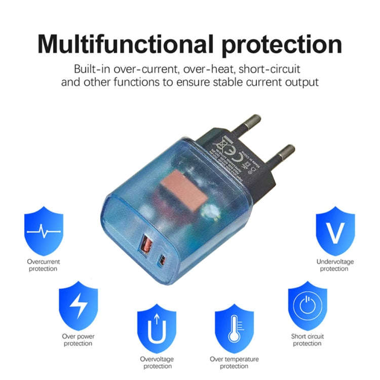 Transparent PD3.0 Type-C + QC3.0 USB Mobile Phone Charger, EU Plug(Transparent)