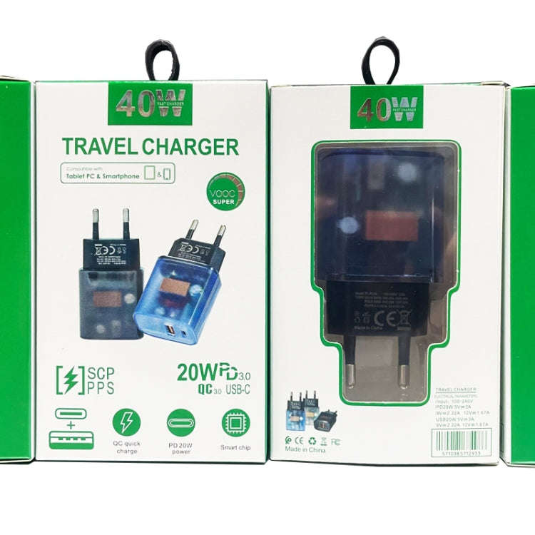 Transparent PD3.0 Type-C + QC3.0 USB Mobile Phone Charger, EU Plug(Transparent)