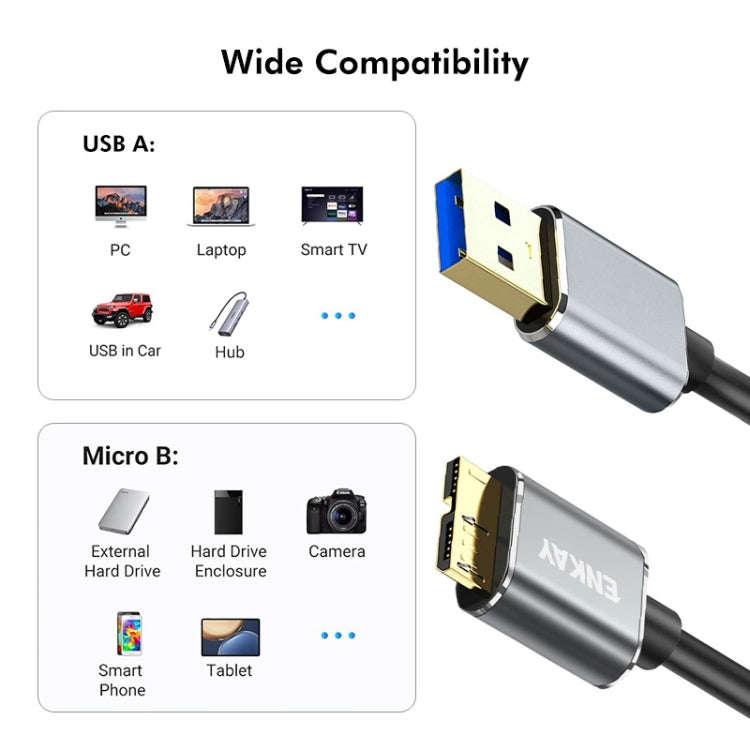 ENKAY USB 3.0 A to USB 3.0 Micro B 5Gbps Data Camera Hard Drive Cable, Length:1.5m