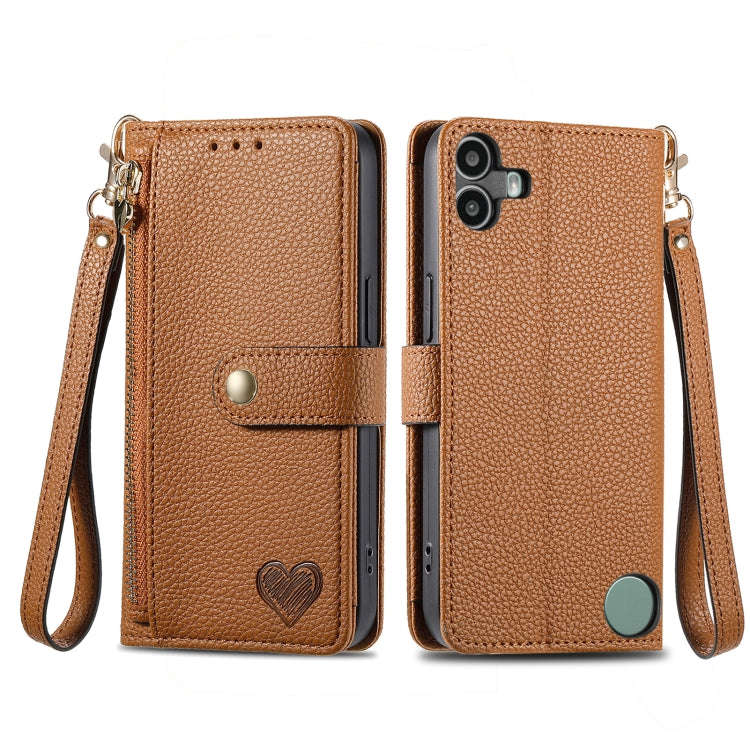 For Nothing CMF Phone 1 Love Zipper Lanyard Leather Phone Case(Brown)