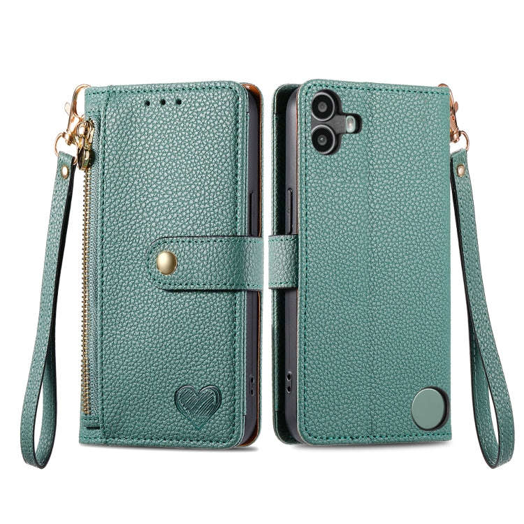 For Nothing CMF Phone 1 Love Zipper Lanyard Leather Phone Case(Green)