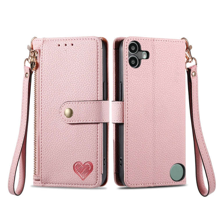 For Nothing CMF Phone 1 Love Zipper Lanyard Leather Phone Case(Pink)