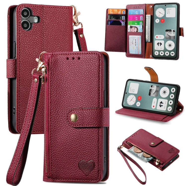 For Nothing CMF Phone 1 Love Zipper Lanyard Leather Phone Case(Red)