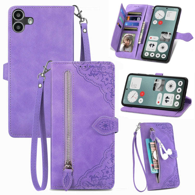 For Nothing CMF Phone 1 Embossed Flower Zipper Leather Phone Case(Purple)