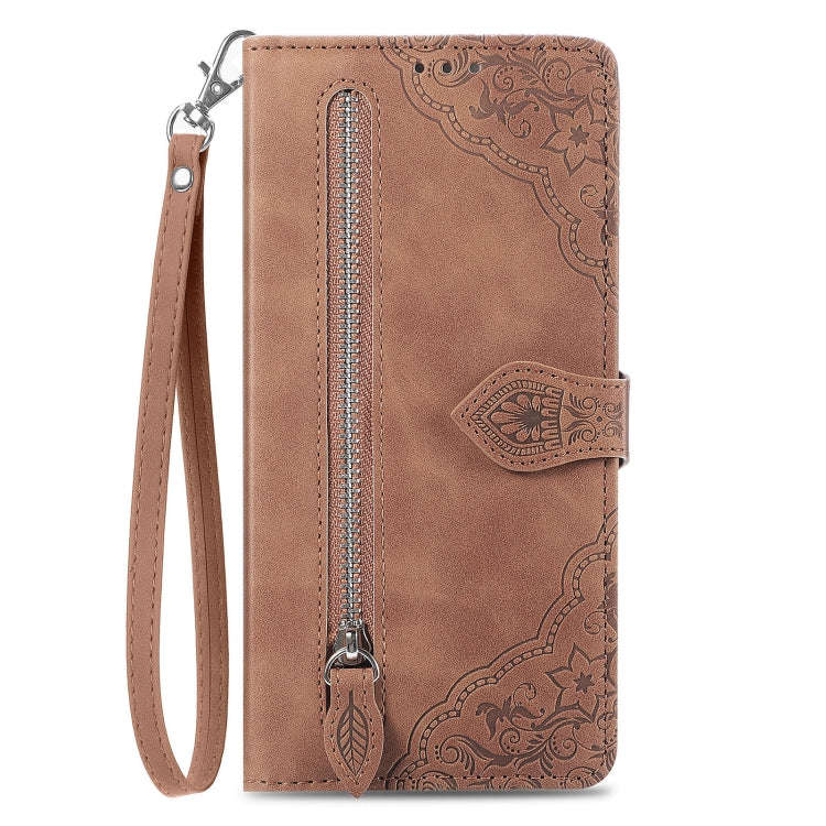For Nothing CMF Phone 1 Embossed Flower Zipper Leather Phone Case(Brown)