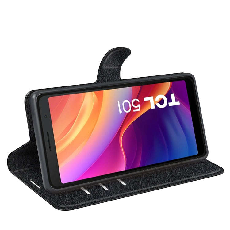 For TCL 501 Litchi Texture Horizontal Flip Leather Phone Case with Holder(Black)